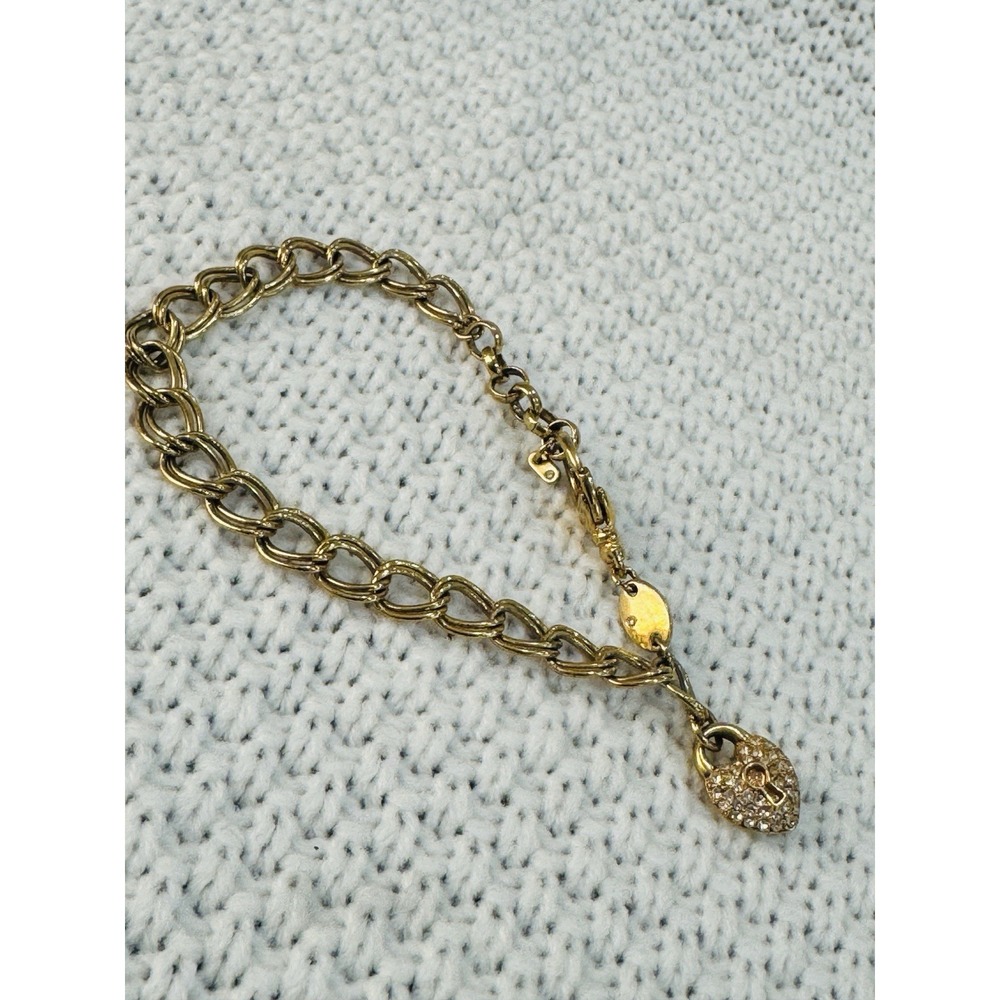 Fossil Gold Tone Chain Bracelet Rhinestone Heart Charm 7.75"